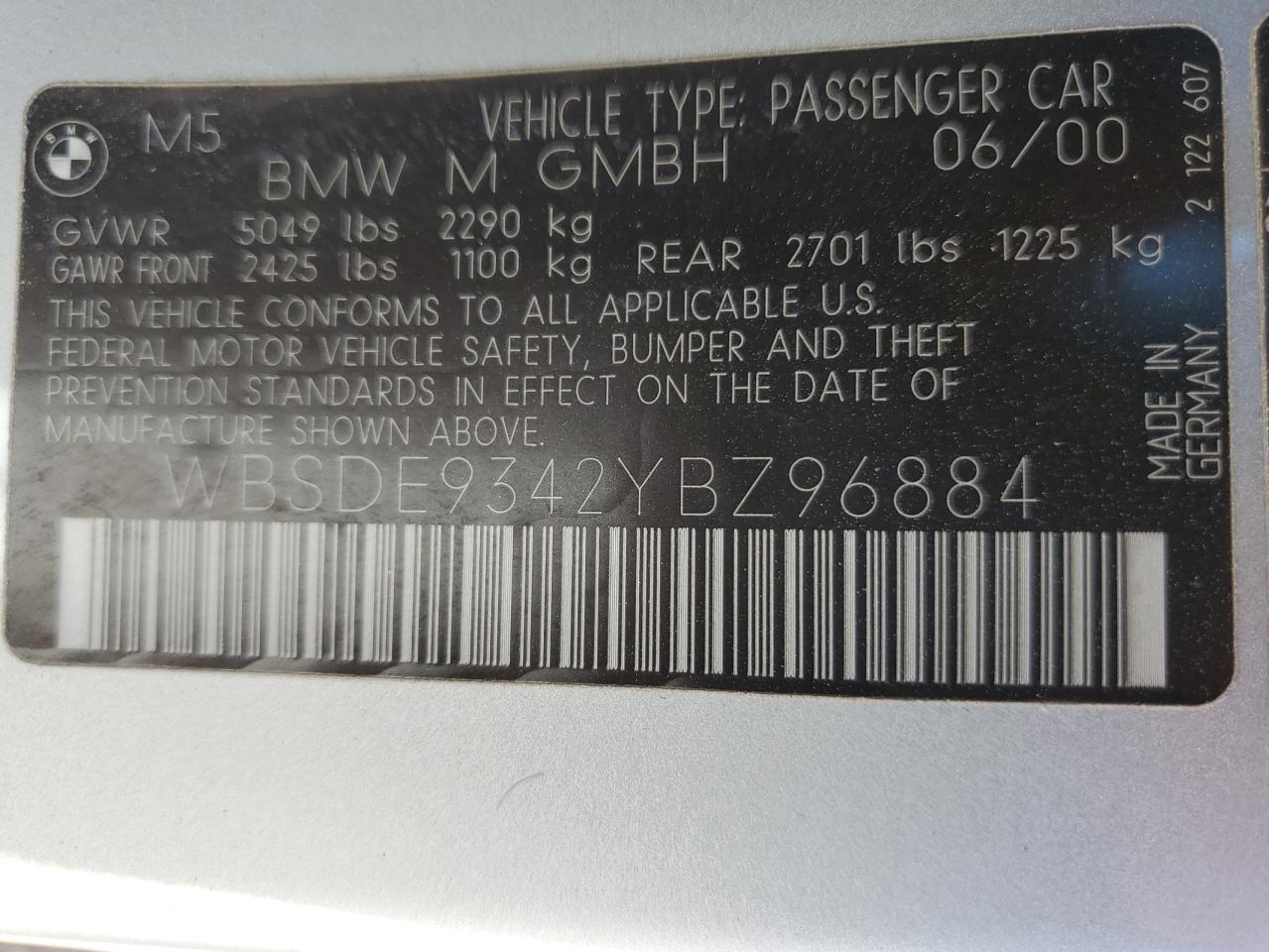 2000 BMW M5 VIN WBSDE9342YBZ96884 Copart auction photo, water/flood damage thumbnail 13