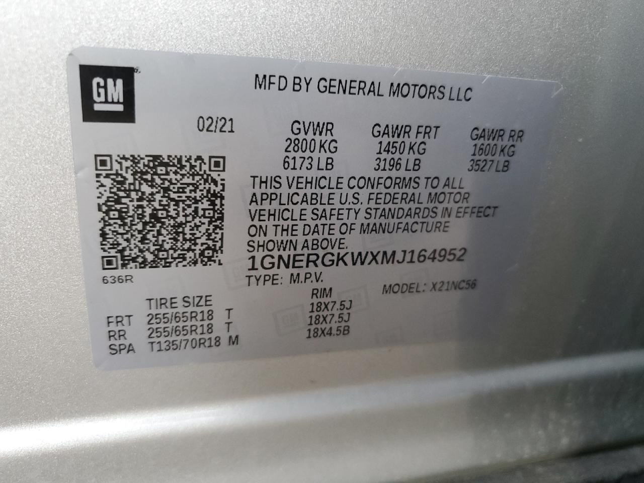 2021 Chevrolet Traverse VIN 1GNERGKWXMJ164952 Copart auction photo, rear end damage thumbnail 15