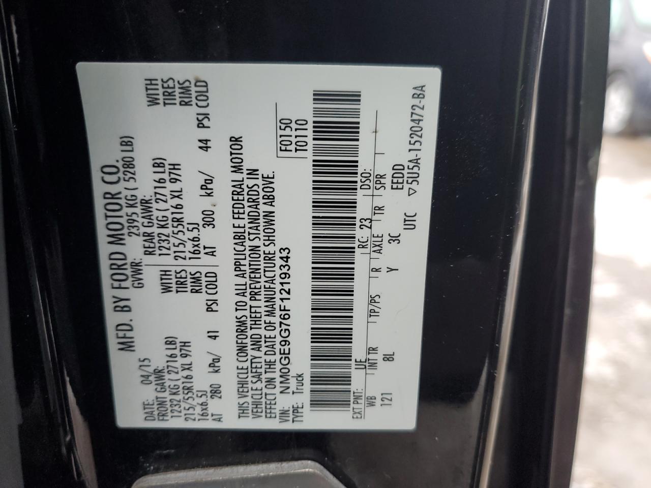 2015 Ford Transit VIN NM0GE9G76F1219343 Copart auction photo, front end / side damage thumbnail 14