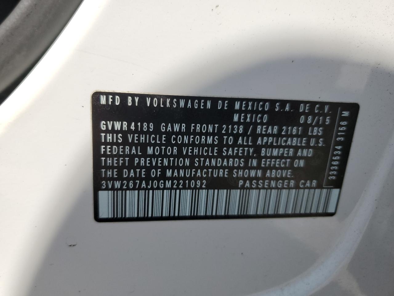 2016 Volkswagen Jetta VIN 3VW267AJ0GM221092 Copart auction photo, side damage thumbnail 12