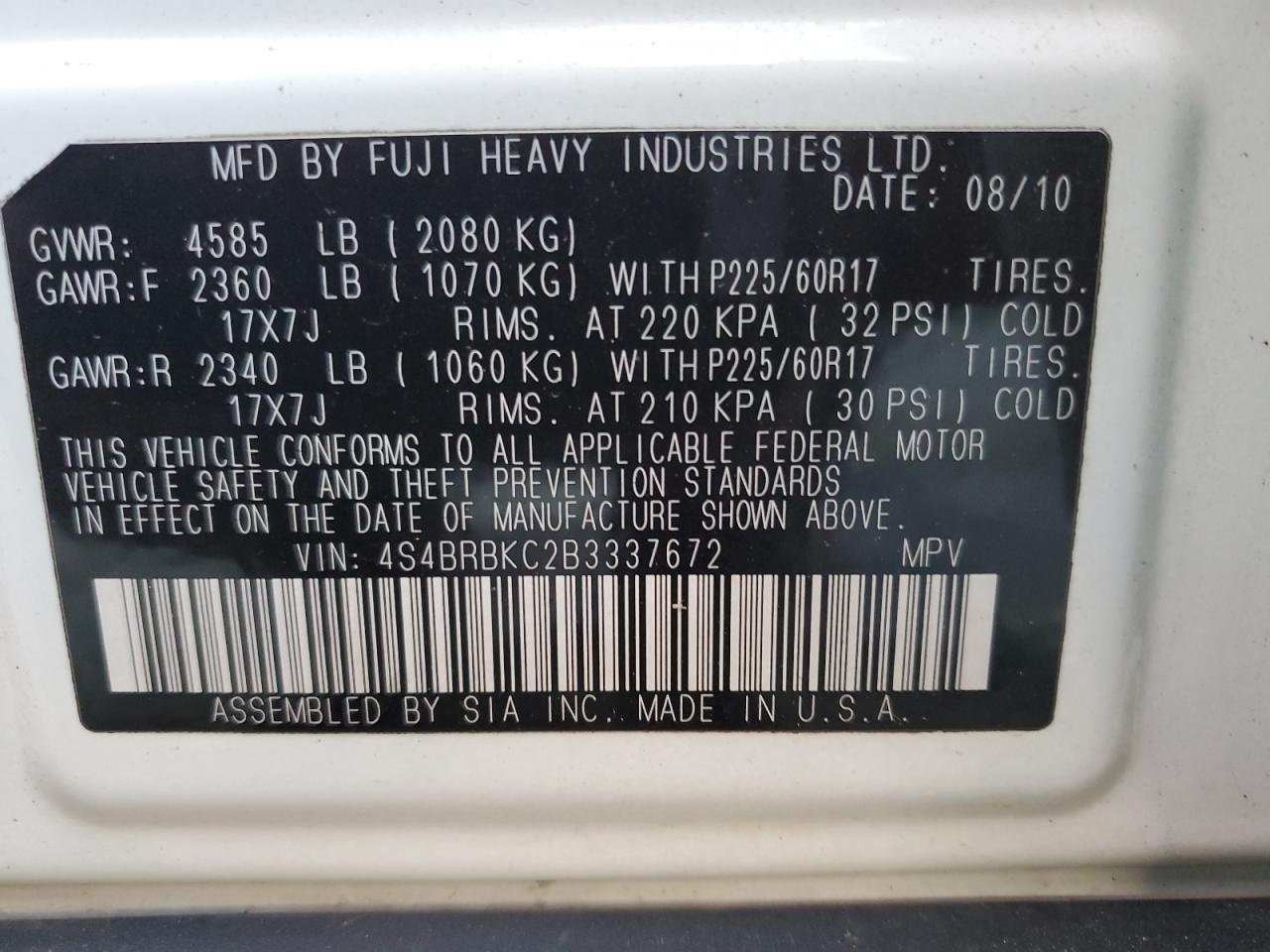 2011 Subaru Outback VIN 4S4BRBKC2B3337672 Copart auction photo, rear end damage thumbnail 15