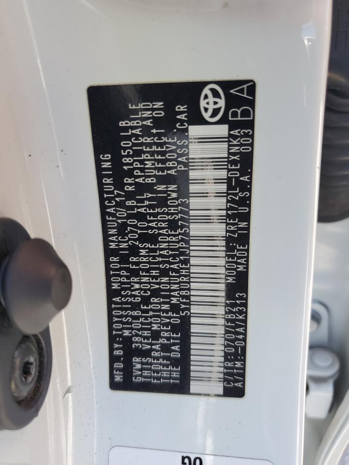 2018 Toyota Corolla VIN 5YFBURHE1JP757773 Copart auction photo, front end damage thumbnail 14