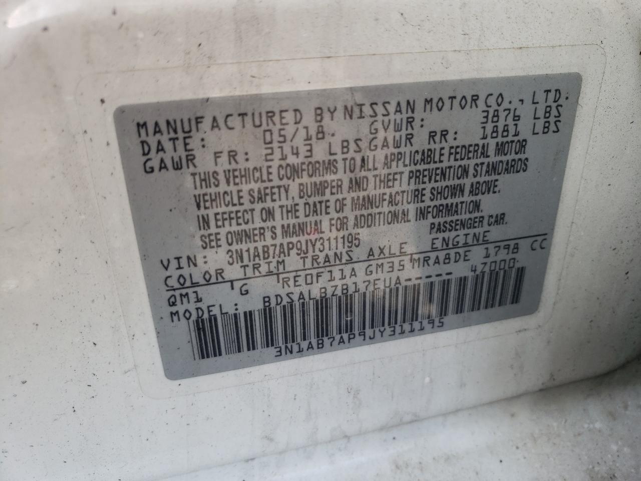 2018 Nissan Sentra VIN 3N1AB7AP9JY311195 Copart auction photo, burn damage thumbnail 12