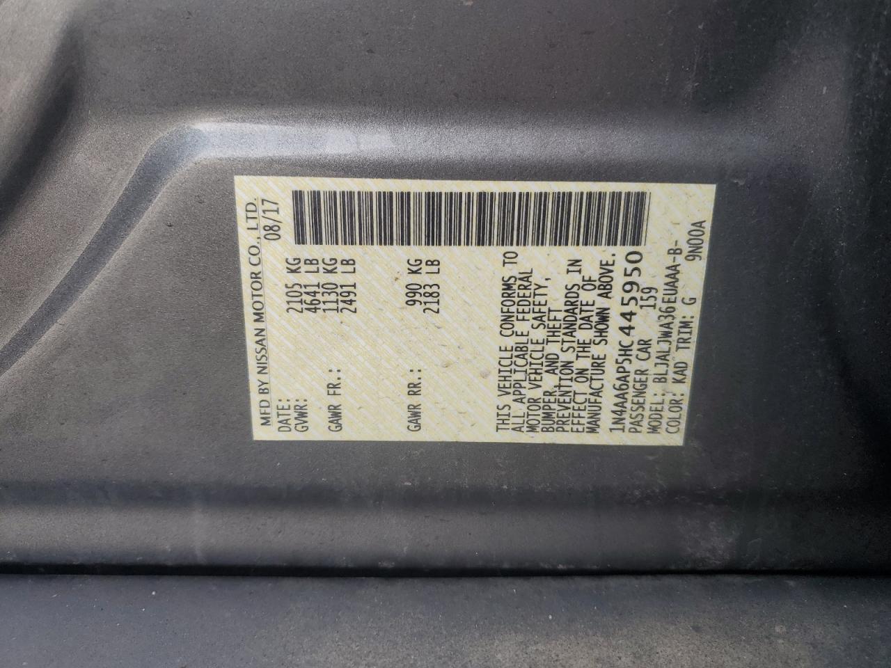2017 Nissan Maxima VIN 1N4AA6AP5HC445950 Copart auction photo, vandalism damage thumbnail 12