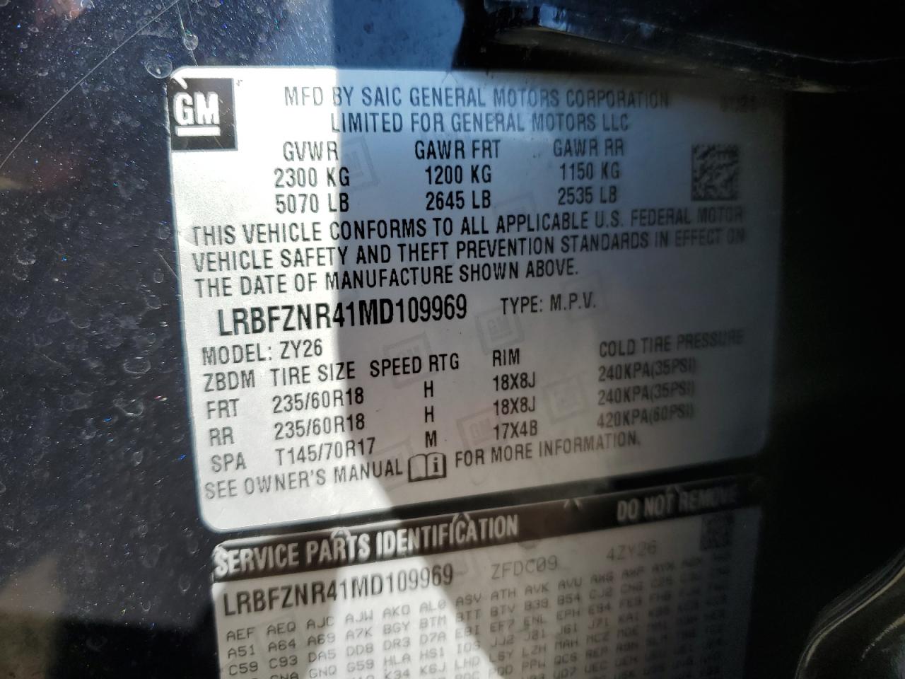 2021 Buick Envision VIN LRBFZNR41MD109969 Copart auction photo, minor dent/scratches damage thumbnail 14