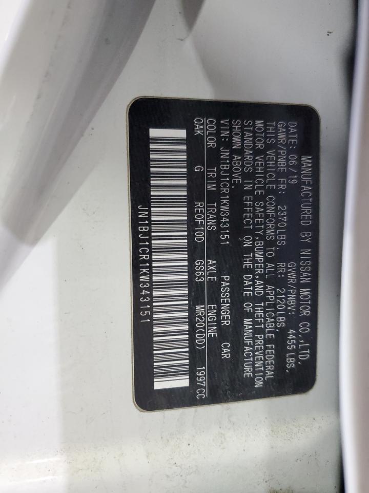 2019 Nissan Rogue VIN JN1BJ1CR1KW343151 Copart auction photo, front end / side damage thumbnail 13