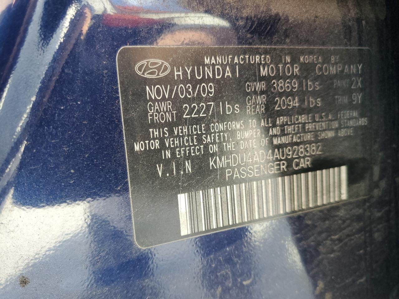 2010 Hyundai Elantra VIN KMHDU4AD4AU928382 Copart auction photo, rear end / minor dent/scratches damage thumbnail 12