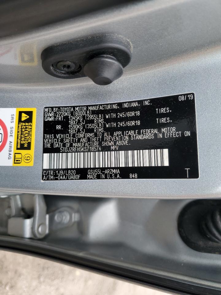 2019 Toyota Highlander VIN 5TDJZRFH5KS718574 Copart auction photo, front end / rear end damage thumbnail 13
