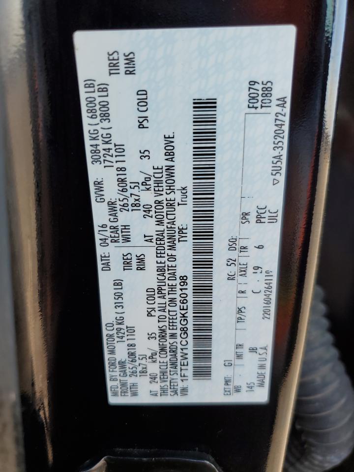 2016 Ford F-150 VIN 1FTEW1CG8GKE60198 Copart auction photo, rear end / front end damage thumbnail 12