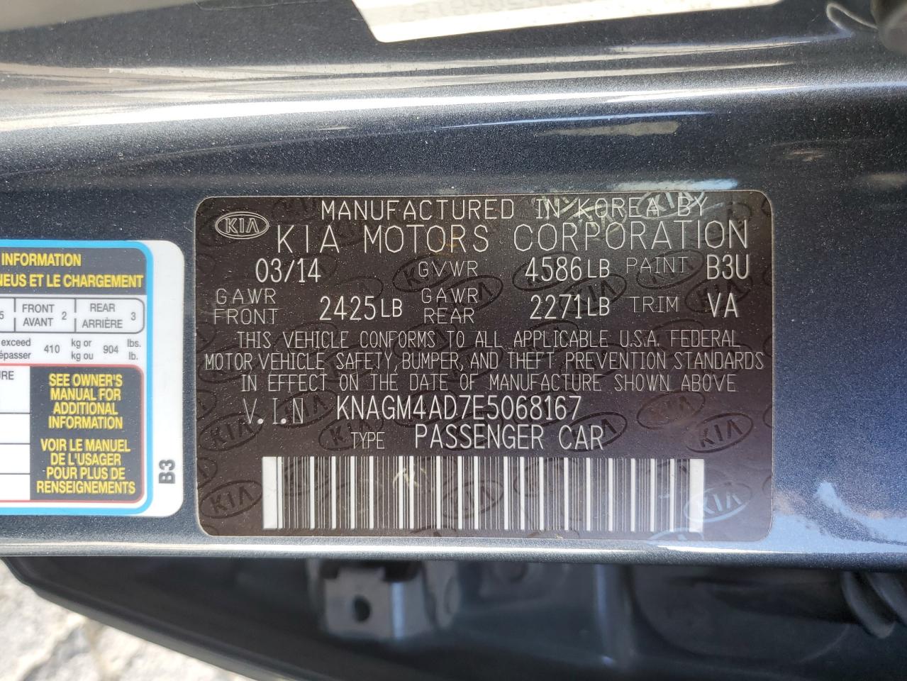 2014 KIA Optima VIN KNAGM4AD7E5068167 Copart auction photo, front end damage thumbnail 13