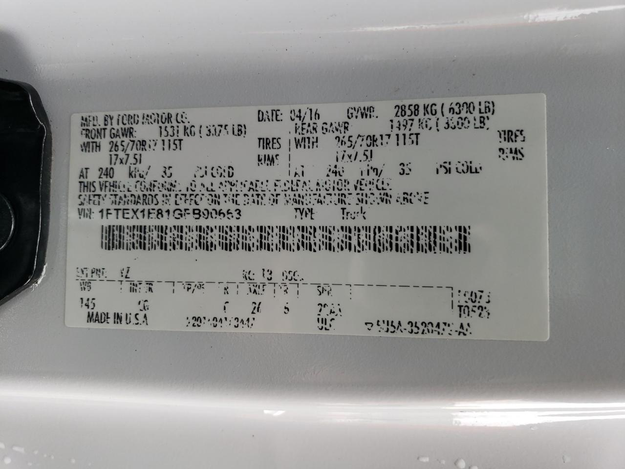 2016 Ford F-150 VIN 1FTEX1E81GFB90663 Copart auction photo, rear end damage thumbnail 12