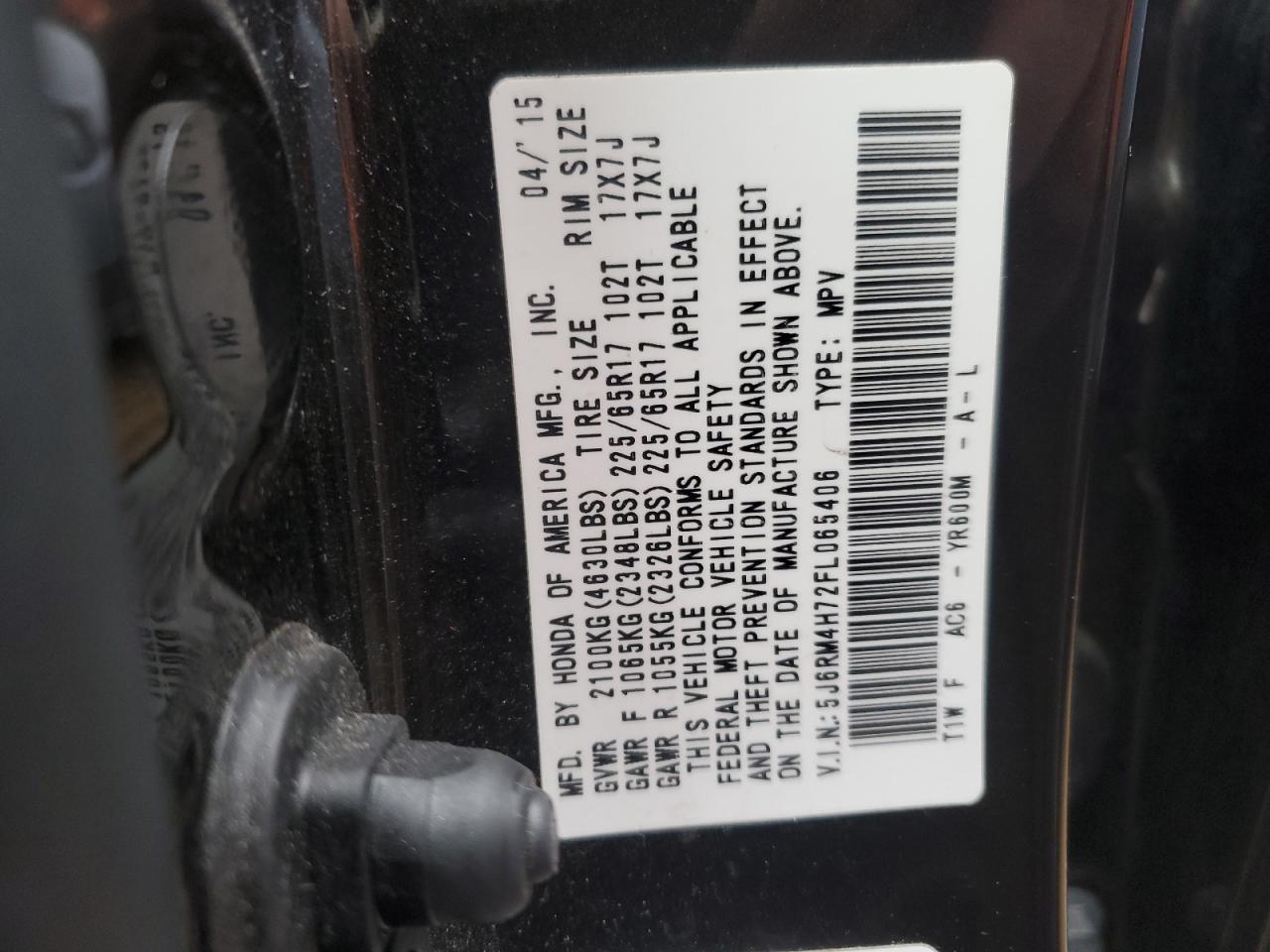 2015 Honda CR-V VIN 5J6RM4H72FL065406 Copart auction photo, side damage thumbnail 12