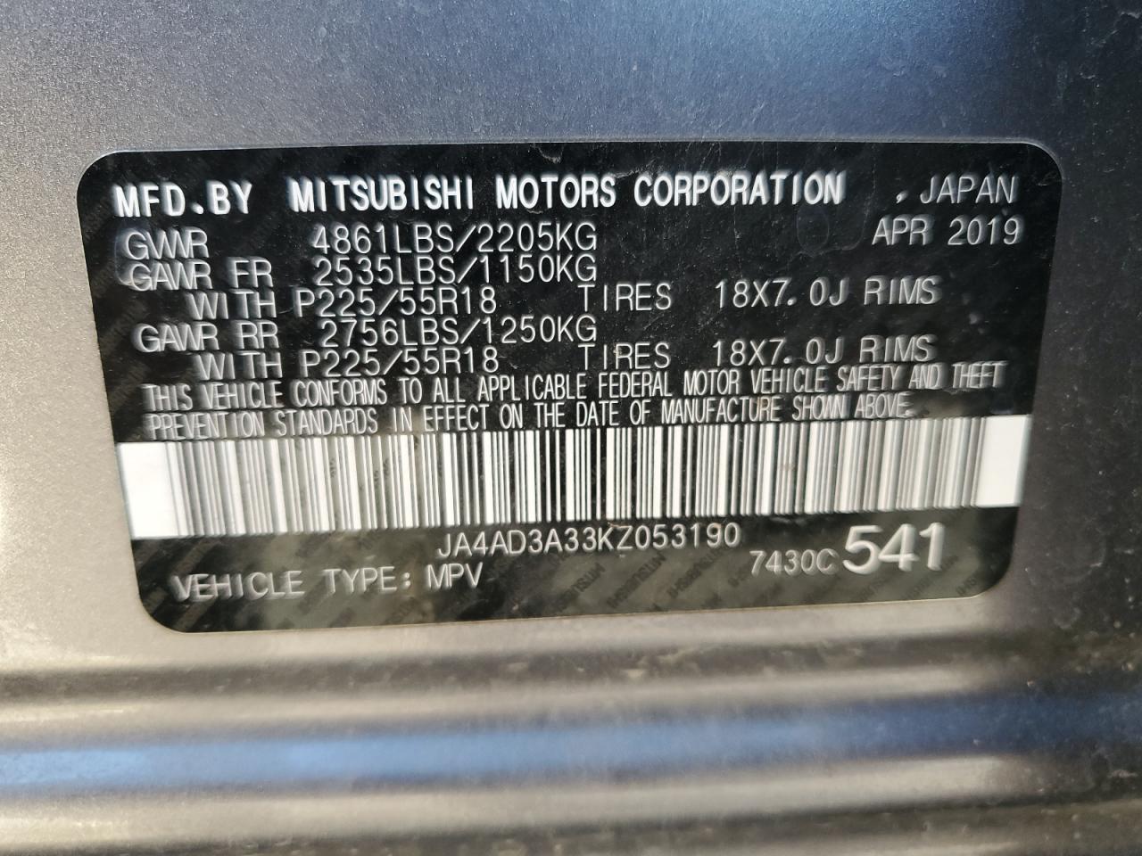 2019 Mitsubishi Outlander VIN JA4AD3A33KZ053190 Copart auction photo, mechanical / front end damage thumbnail 15