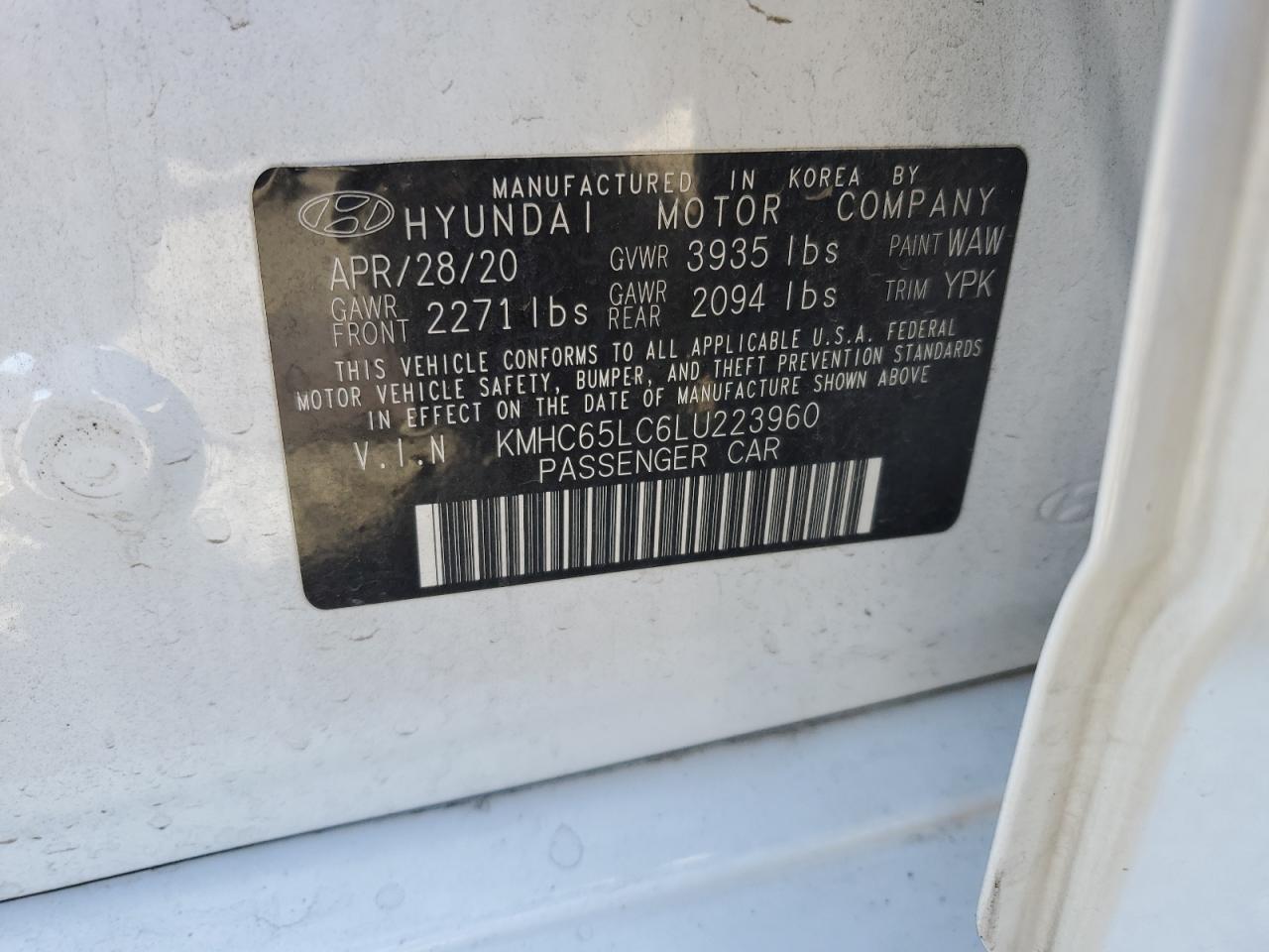 2020 Hyundai IONIQ VIN KMHC65LC6LU223960 Copart auction photo, all over damage thumbnail 12