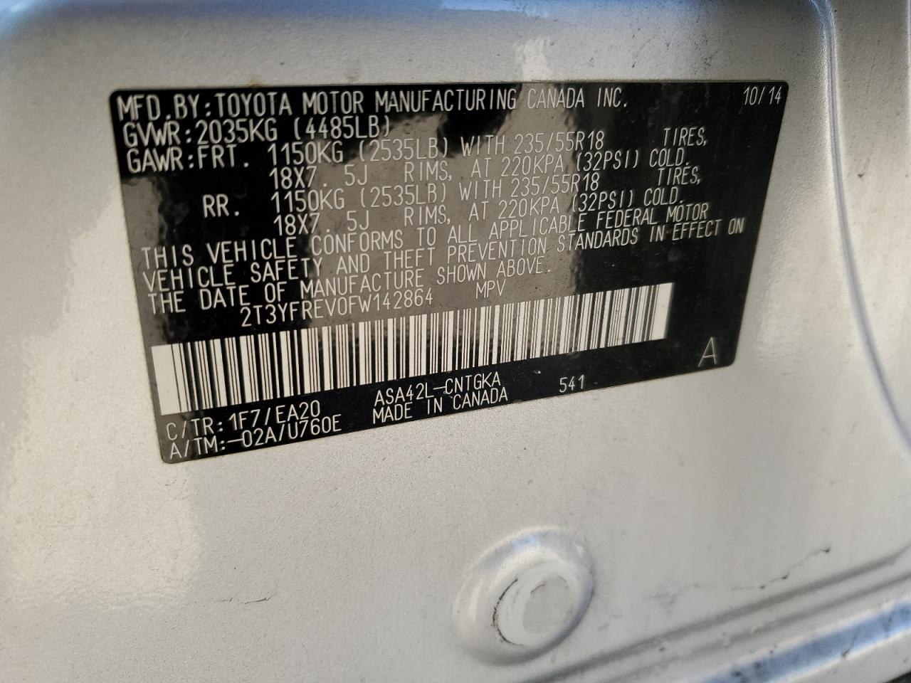 2015 Toyota RAV 4 VIN 2T3YFREV0FW142864 Copart auction photo, rear end damage thumbnail 14