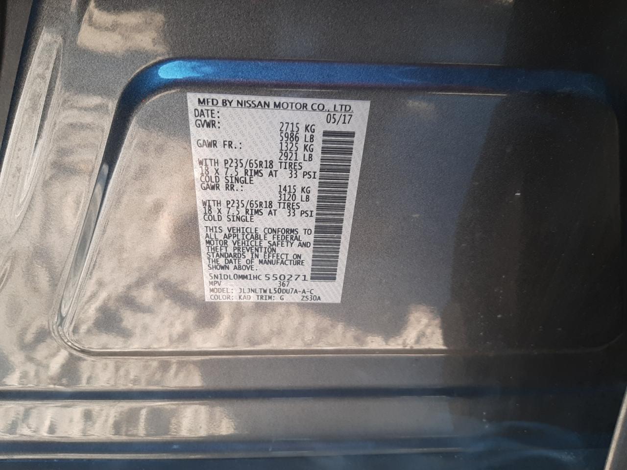 2017 Infiniti QX60 VIN 5N1DL0MM1HC550271 Copart auction photo, side damage thumbnail 13