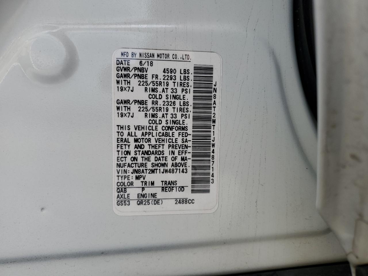 2018 Nissan Rogue VIN JN8AT2MT1JW487143 Copart auction photo, front end / side damage thumbnail 15