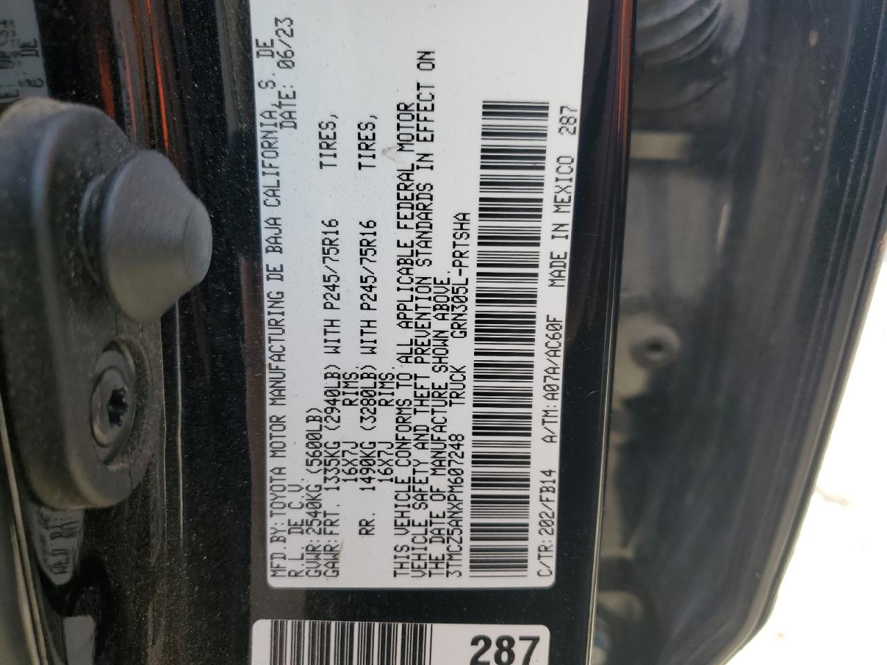 2023 Toyota Tacoma VIN 3TMCZ5ANXPM607248 Copart auction photo, all over damage thumbnail 15