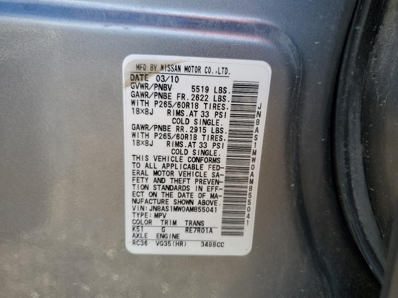 2010 Infiniti FX VIN JN8AS1MW0AM855041 Copart auction photo, front end damage thumbnail 14