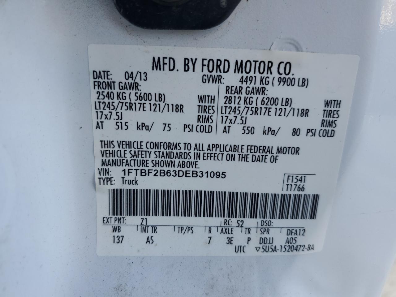 2013 Ford F250 VIN 1FTBF2B63DEB31095 Copart auction photo, minor dent/scratches damage thumbnail 12