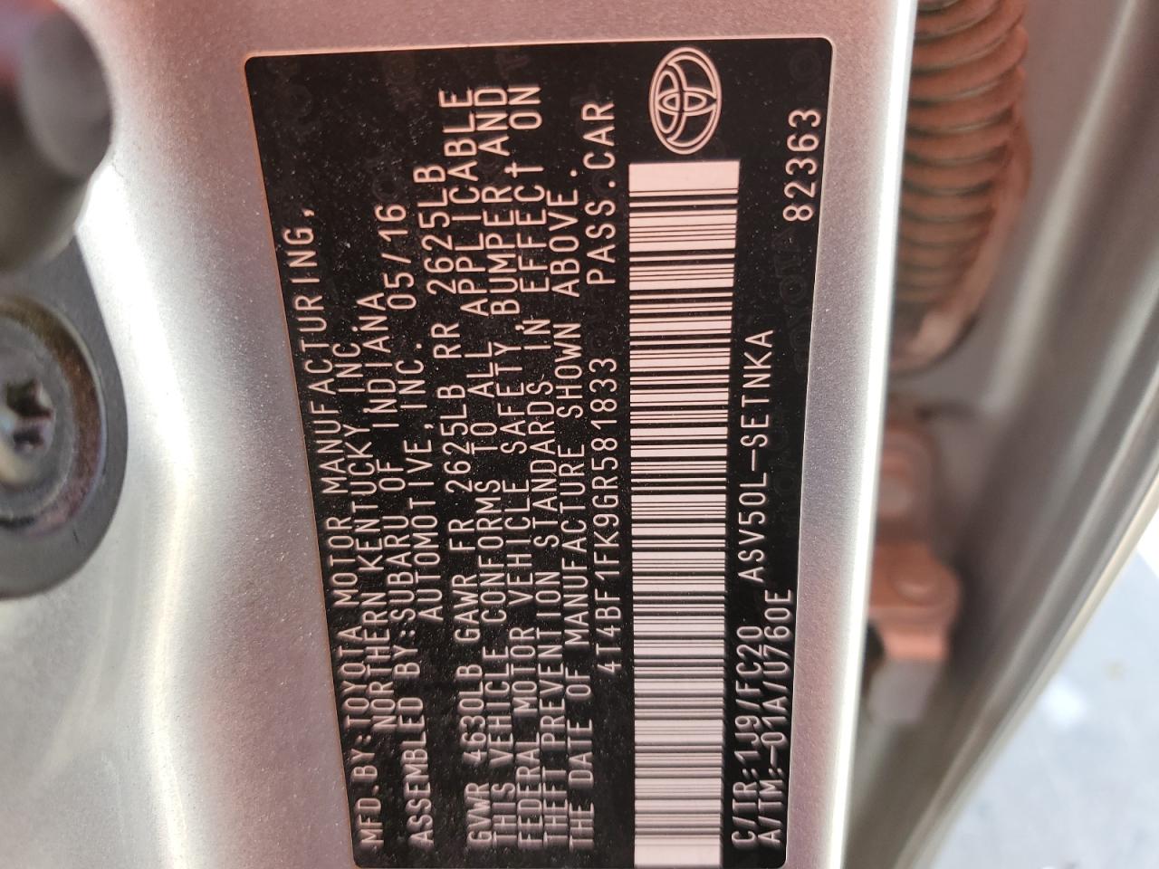 2016 Toyota Camry VIN 4T4BF1FK9GR581833 Copart auction photo, front end damage thumbnail 14