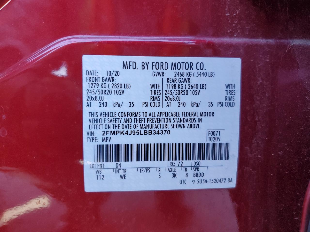 2020 Ford Edge VIN 2FMPK4J95LBB34370 Copart auction photo, front end damage thumbnail 15