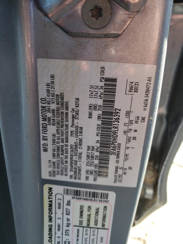 2020 Ford Fusion VIN 3FA6P0HD9LR136392 Copart auction photo, water/flood damage thumbnail 13