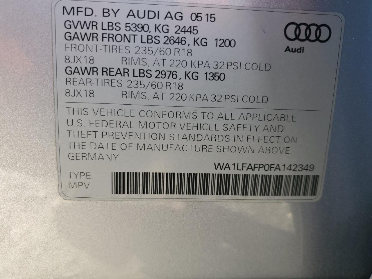 2015 Audi Q5 VIN WA1LFAFP0FA142349 Copart auction photo, rear end damage thumbnail 13
