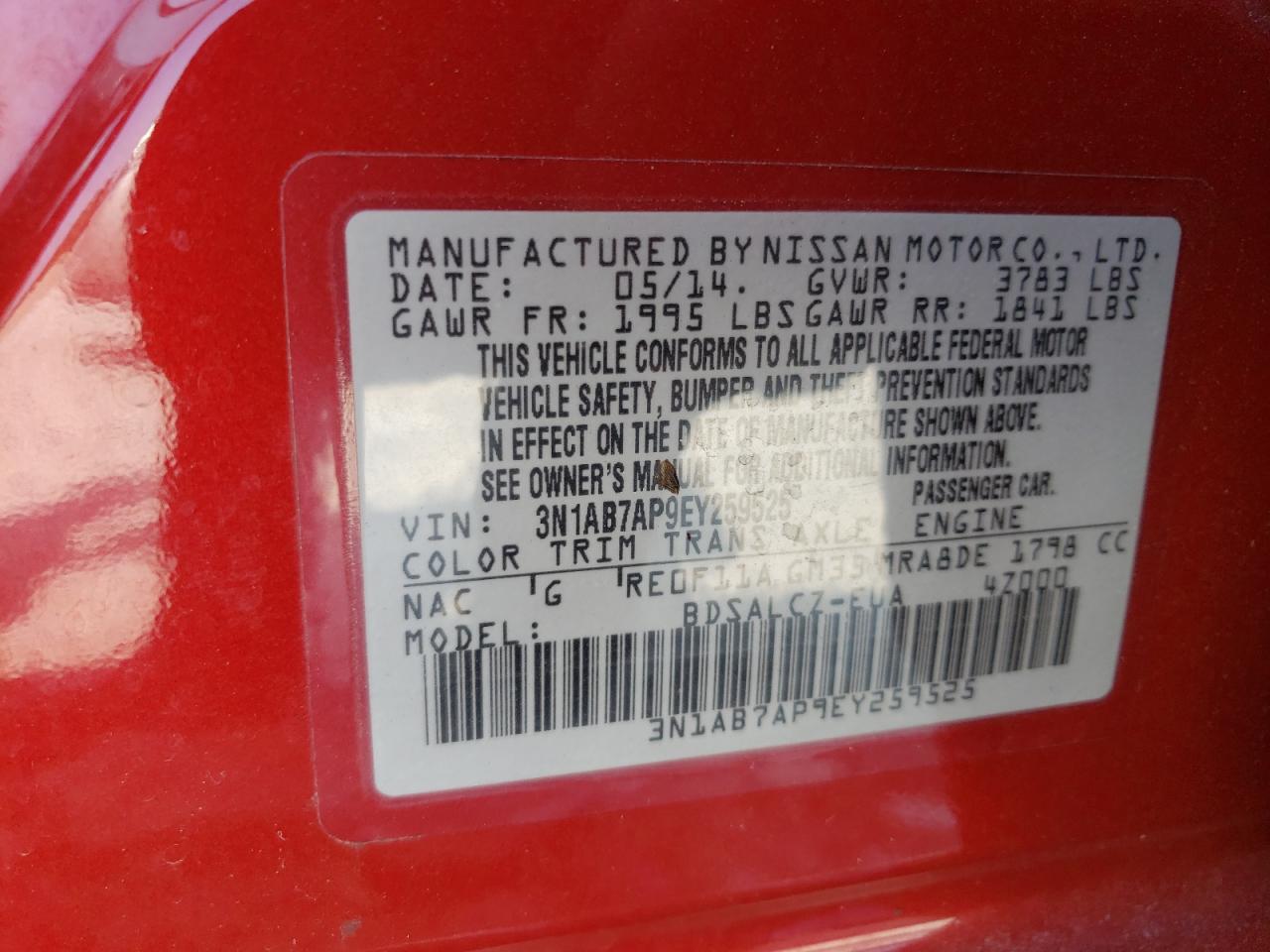 2014 Nissan Sentra VIN 3N1AB7AP9EY259525 Copart auction photo, front end / side damage thumbnail 12