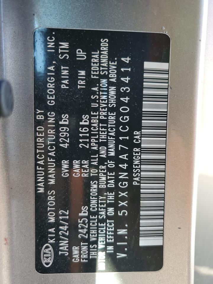 2012 KIA Optima VIN 5XXGN4A71CG043414 Copart auction photo, front end / minor dent/scratches damage thumbnail 12
