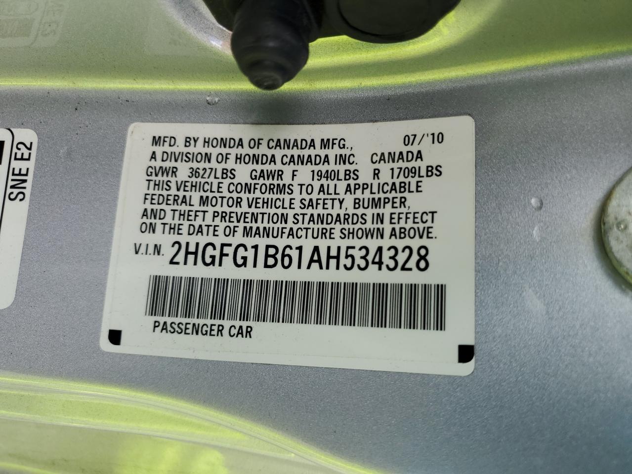 2010 Honda Civic VIN 2HGFG1B61AH534328 Copart auction photo, front end damage thumbnail 14