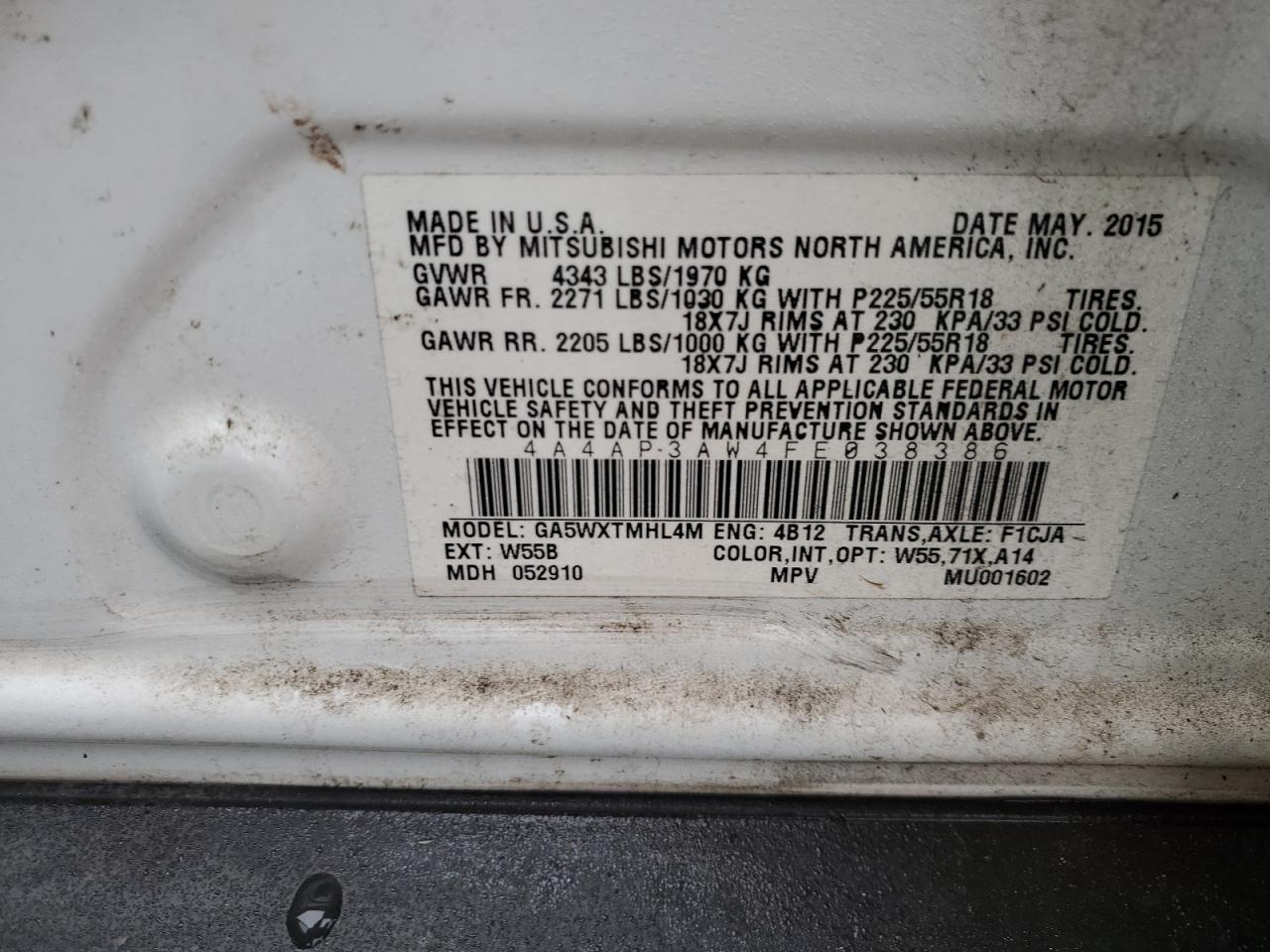 2015 Mitsubishi Outlander VIN 4A4AP3AW4FE038386 Copart auction photo, all over damage thumbnail 13