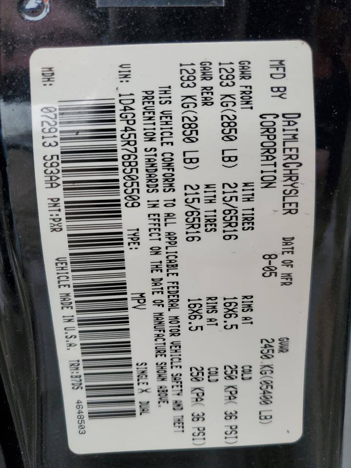 2006 Dodge Caravan VIN 1D4GP45R76B505509 Copart auction photo, side / rear end damage thumbnail 14