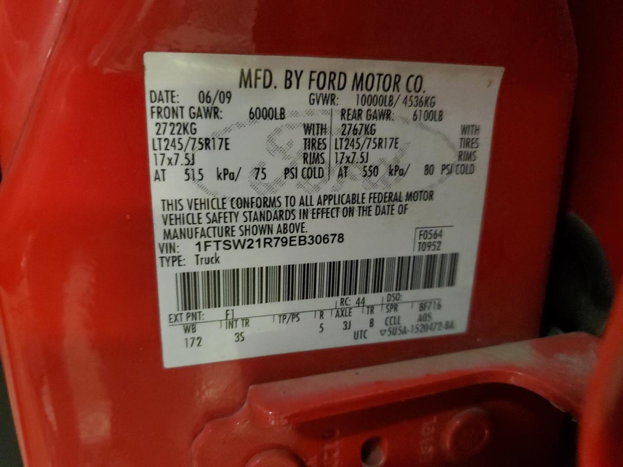 2009 Ford F250 VIN 1FTSW21R79EB30678 Copart auction photo, front end / undercarriage damage thumbnail 15