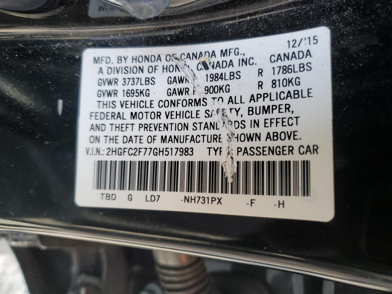 2016 Honda Civic VIN 2HGFC2F77GH517983 Copart auction photo, all over damage thumbnail 12