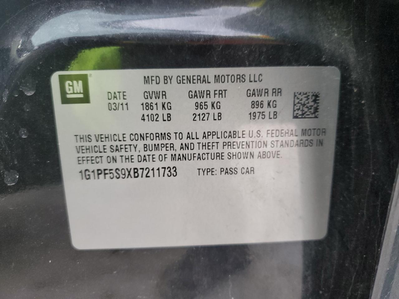 2011 Chevrolet Cruze VIN 1G1PF5S9XB7211733 Copart auction photo, front end / rear end damage thumbnail 13