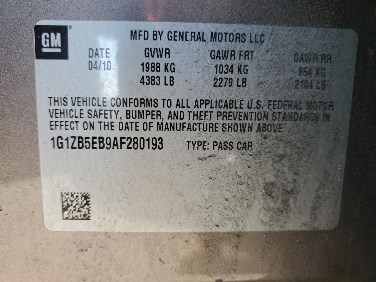 2010 Chevrolet Malibu VIN 1G1ZB5EB9AF280193 Copart auction photo, front end / minor dent/scratches damage thumbnail 12