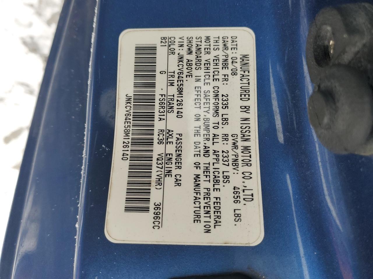2008 Infiniti G VIN JNKCV64E58M126140 Copart auction photo, front end / side damage thumbnail 13