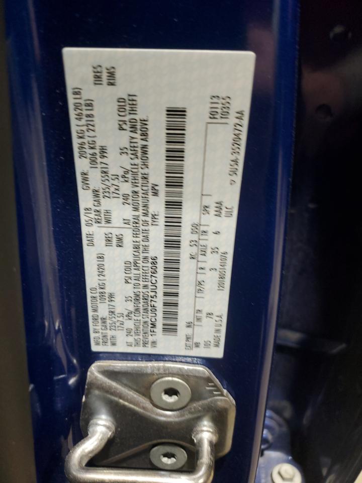 2018 Ford Escape VIN 1FMCU0F75JUC76086 Copart auction photo, side / rear end damage thumbnail 14