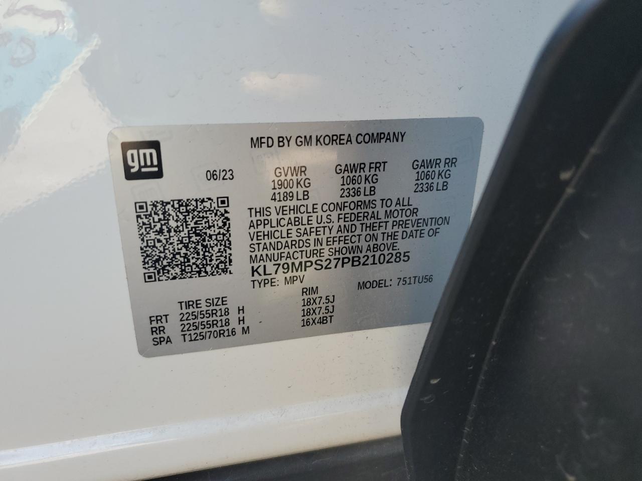 2023 Chevrolet TrailBlazer VIN KL79MPS27PB210285 Copart auction photo, side / rear end damage thumbnail 13