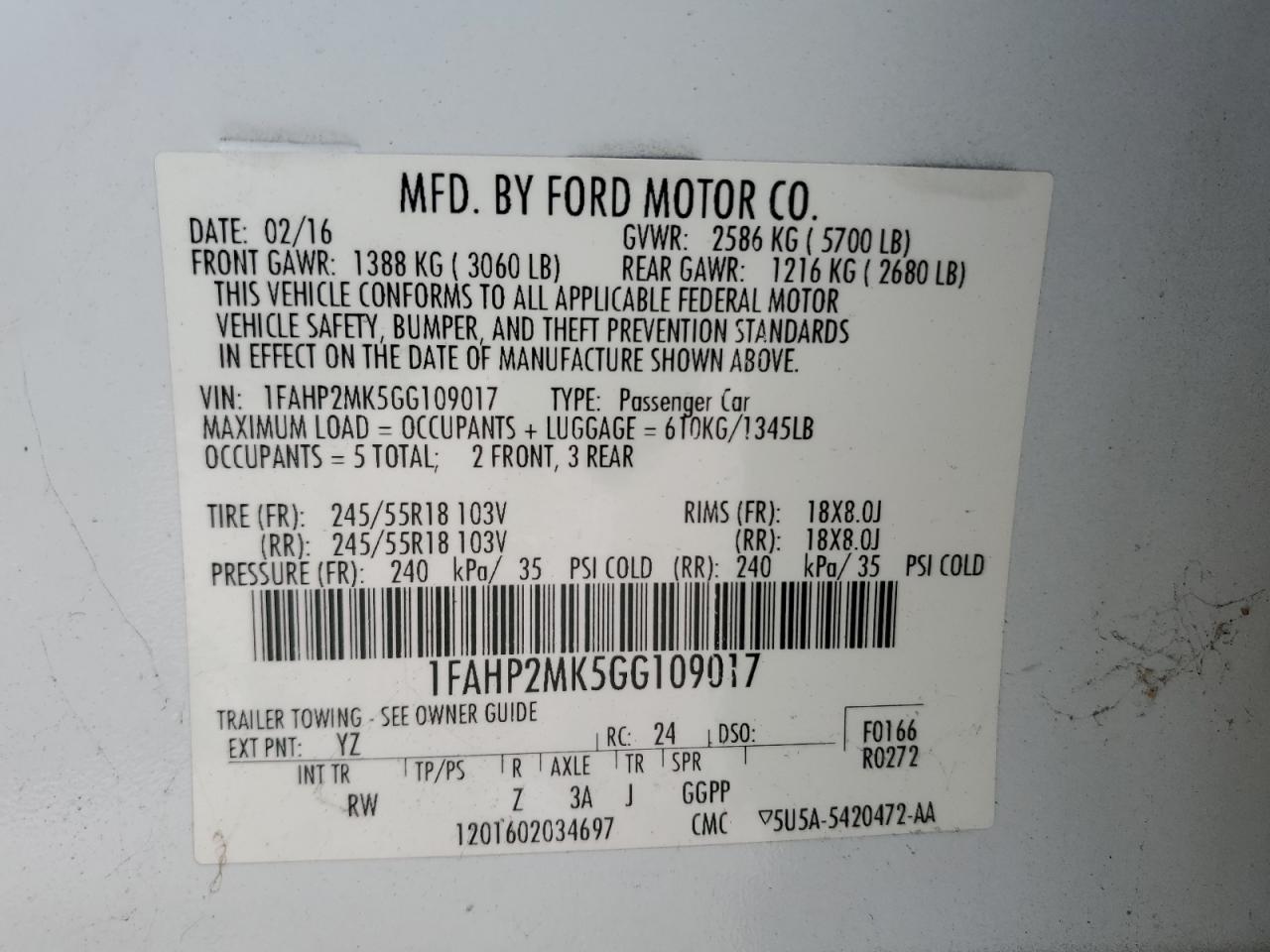 2016 Ford Taurus VIN 1FAHP2MK5GG109017 Copart auction photo, front end / side damage thumbnail 12