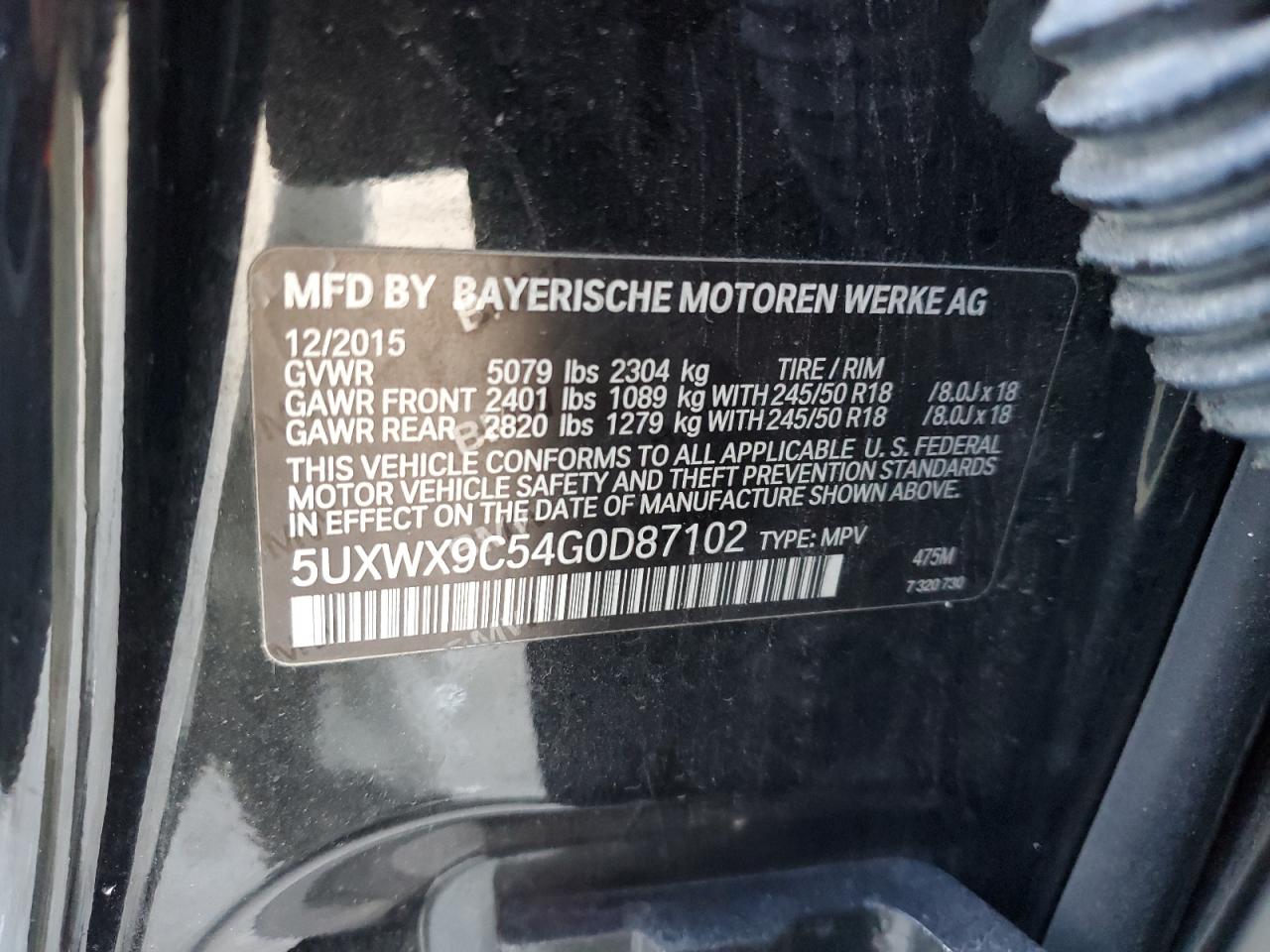 2016 BMW X3 VIN 5UXWX9C54G0D87102 Copart auction photo, front end / minor dent/scratches damage thumbnail 12
