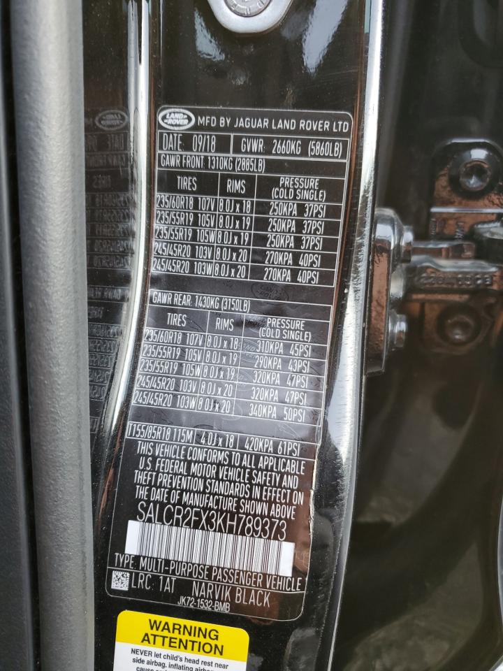 2019 Land Rover Discovery VIN SALCR2FX3KH789373 Copart auction photo, front end damage thumbnail 15