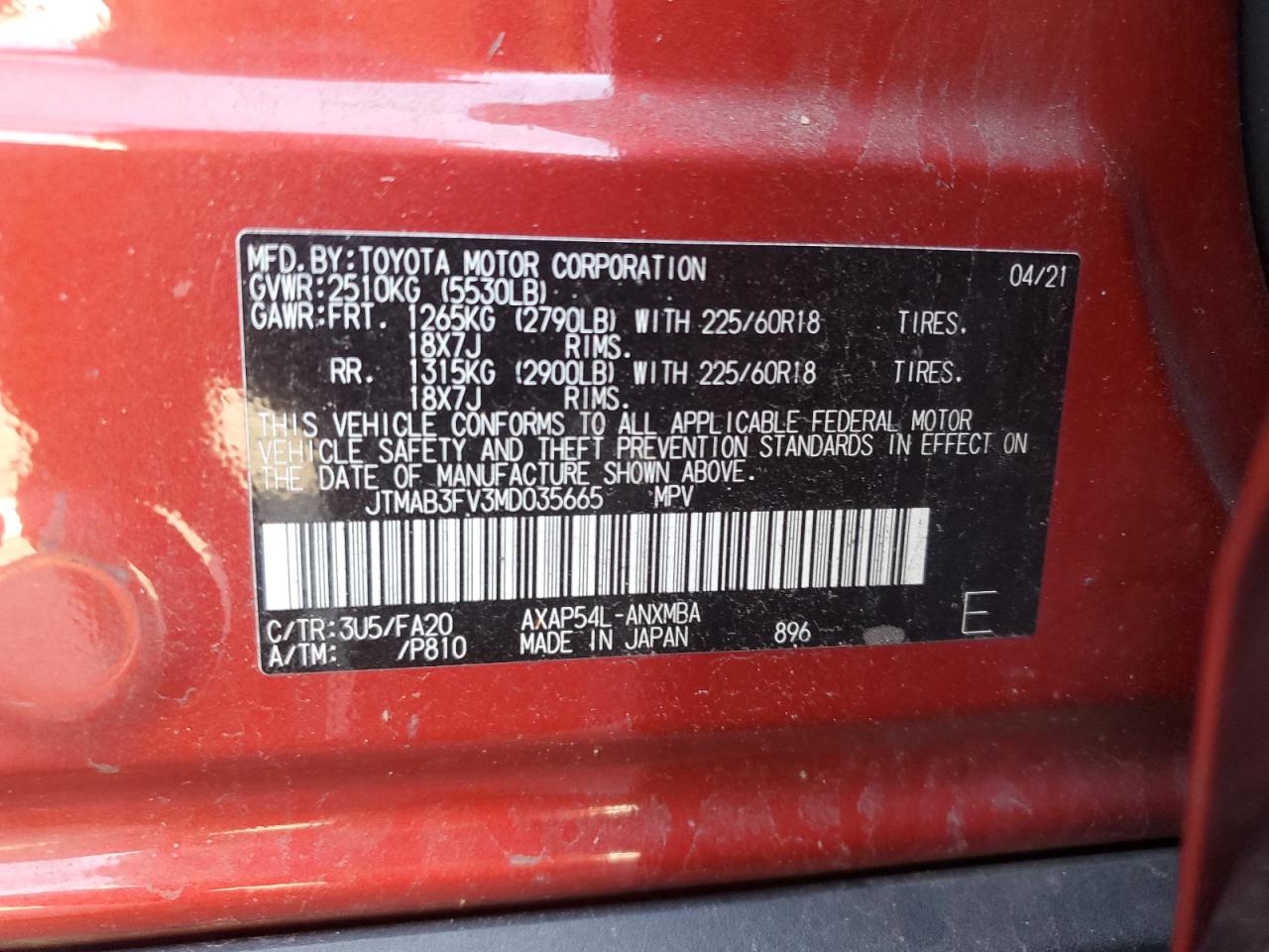 2021 Toyota RAV 4 VIN JTMAB3FV3MD035665 Copart auction photo, front end damage thumbnail 13