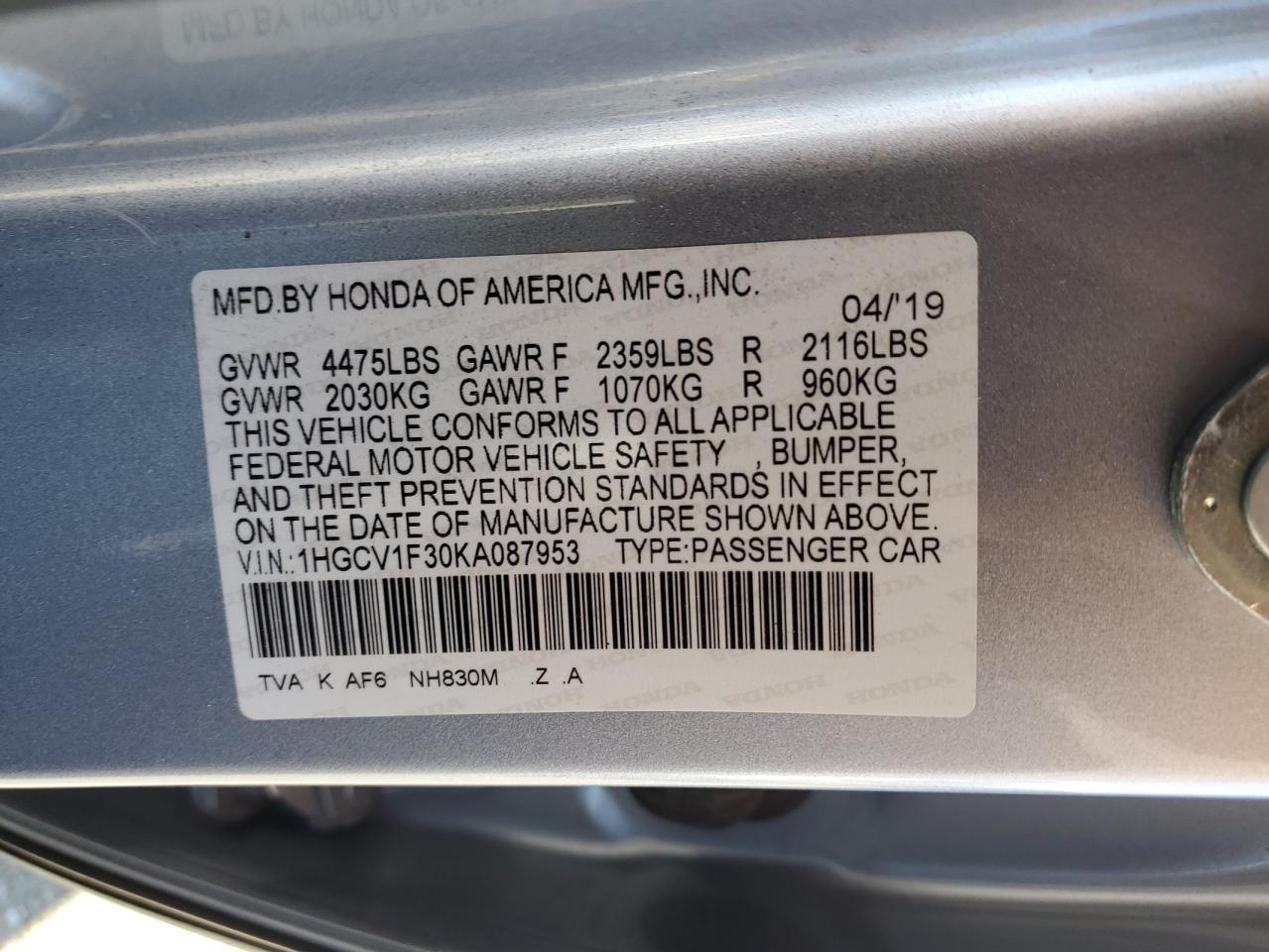 2019 Honda Accord VIN 1HGCV1F30KA087953 Copart auction photo, front end / rear end damage thumbnail 15