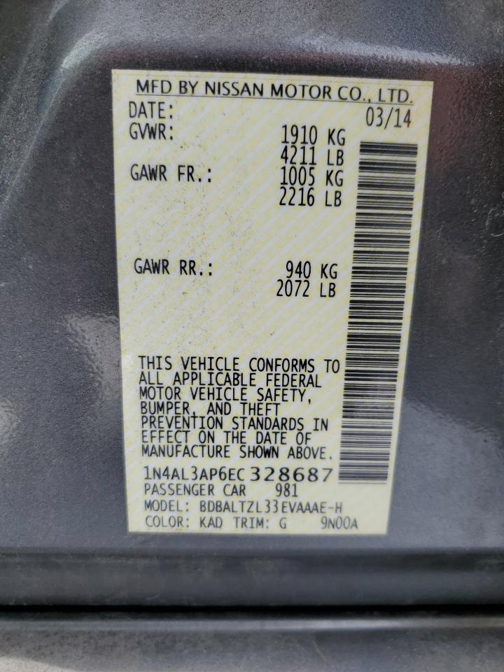 2014 Nissan Altima VIN 1N4AL3AP6EC328687 Copart auction photo, rear end damage thumbnail 12