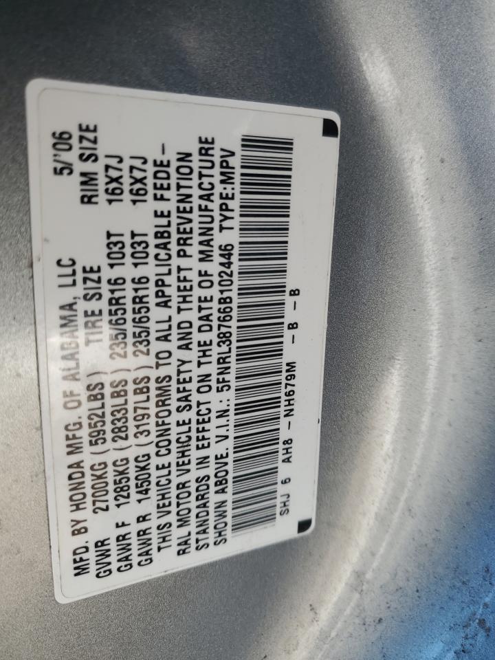 2006 Honda Odyssey VIN 5FNRL38766B102446 Copart auction photo, rear end / minor dent/scratches damage thumbnail 13