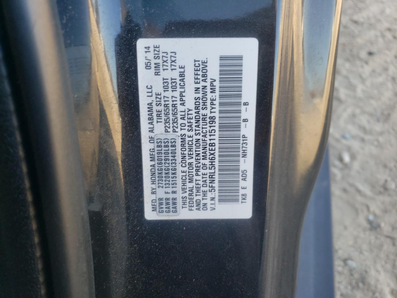 2014 Honda Odyssey VIN 5FNRL5H6XEB115198 Copart auction photo, front end damage thumbnail 15