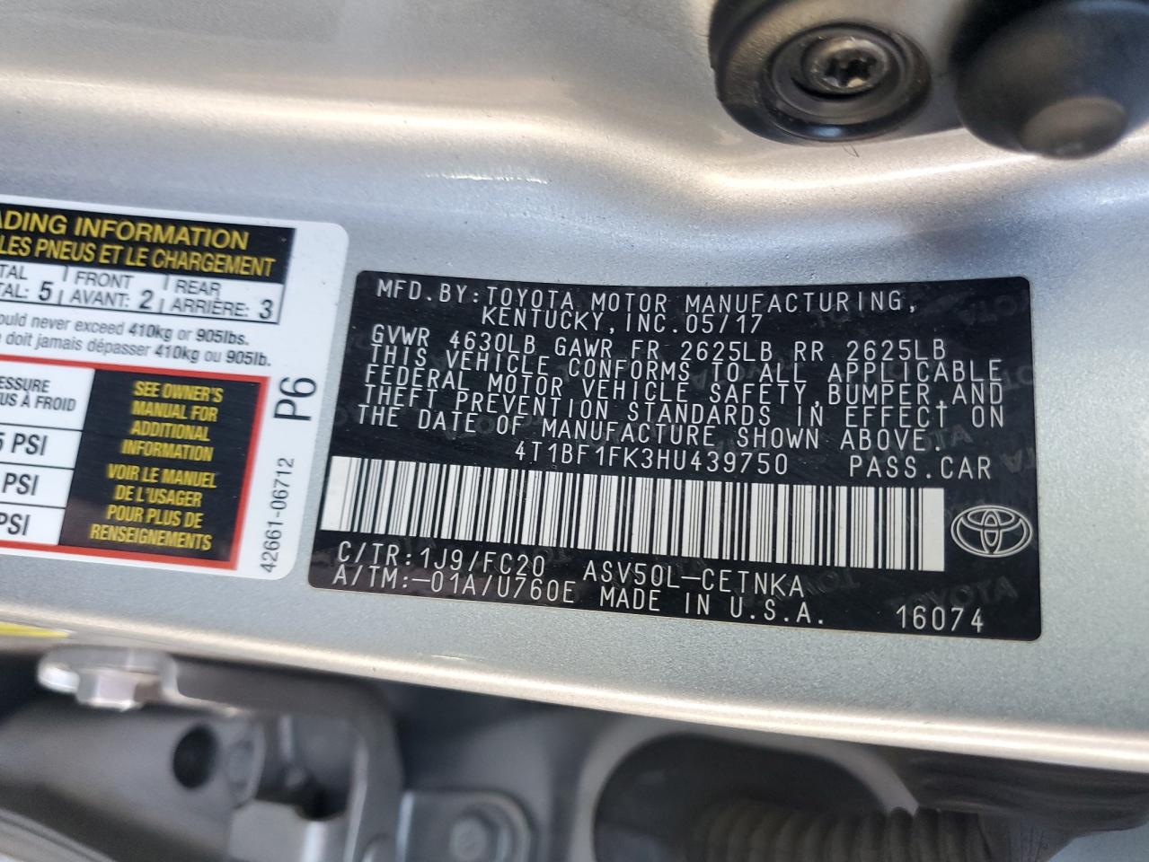 2017 Toyota Camry VIN 4T1BF1FK3HU439750 Copart auction photo, all over damage thumbnail 14