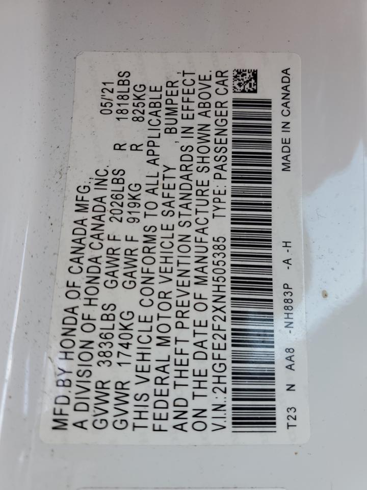 2022 Honda Civic VIN 2HGFE2F2XNH505385 Copart auction photo, front end / side damage thumbnail 12